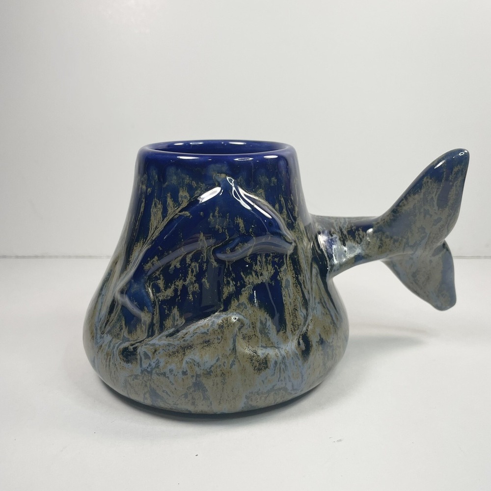 DOUG WHYLIE Embossed Dolphin w Tail Handle Blue Drip Glaze Coffee Mug